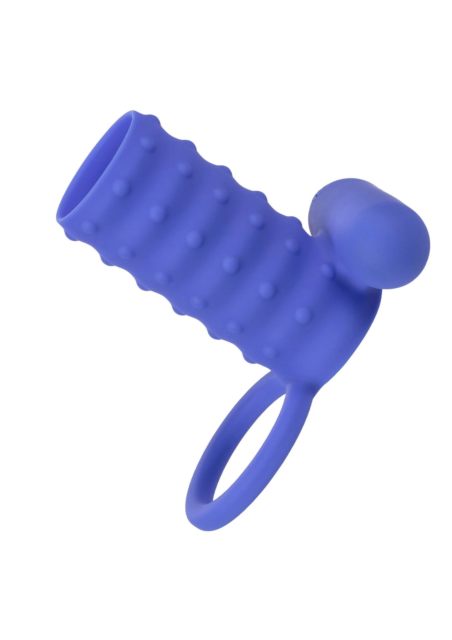 CalExotics oplaadbare silicone enhancer in blauw met reliëf en gebogen ringbasis