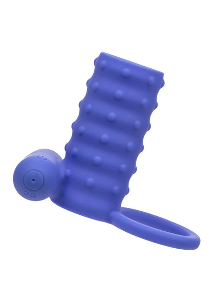 Blauwe siliconen stimulator met geribbelde cilinder en ringvormige basis