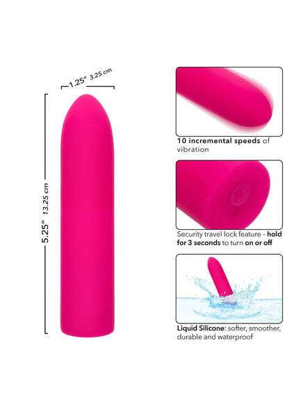 Felroze mini-vibrator met afgeronde punt; afmetingen en 10 snelheden op afbeelding.