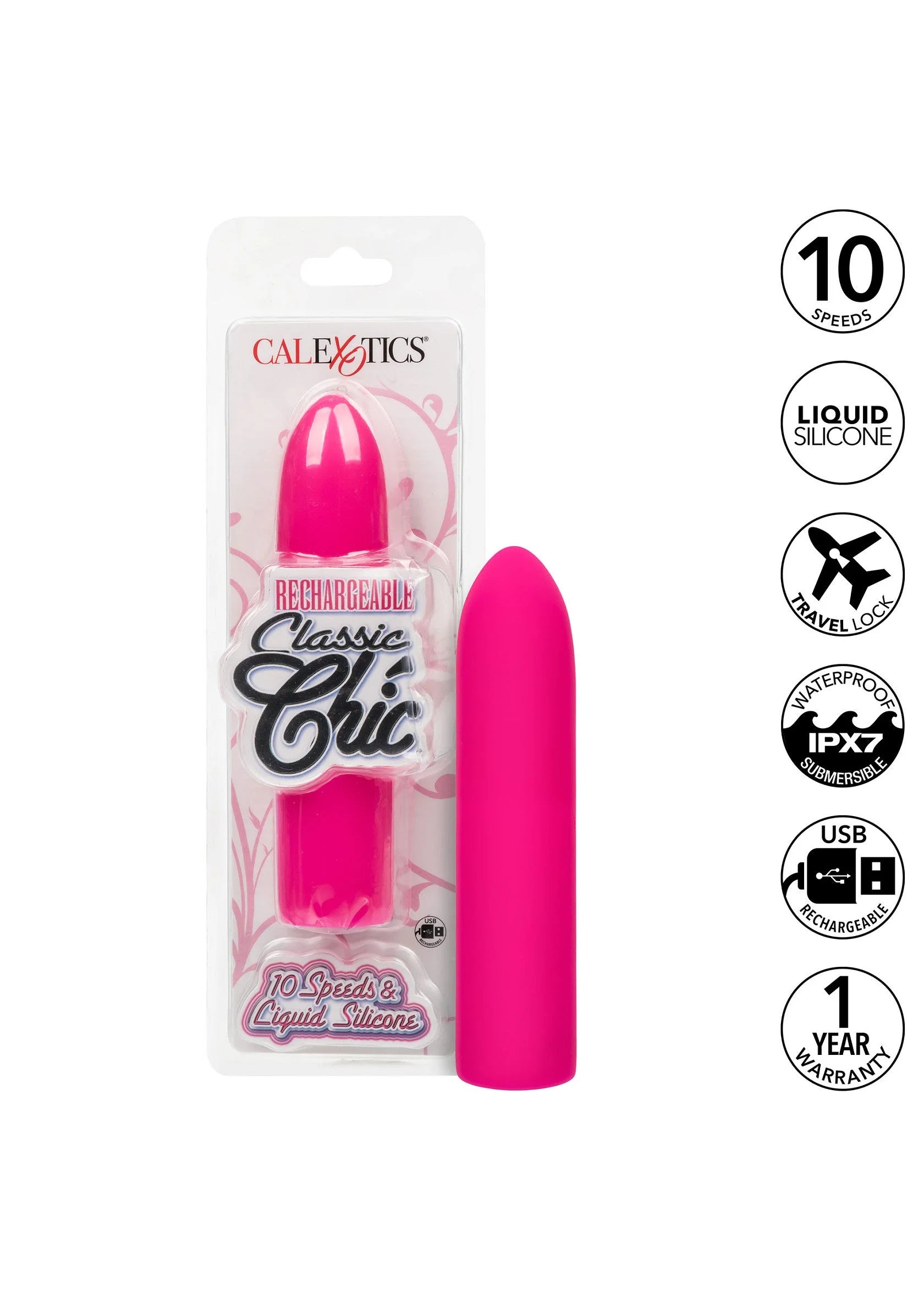 CalExotics oplaadbare Classic Chic mini-vibrator in felroze met 10 snelheden op kaart.