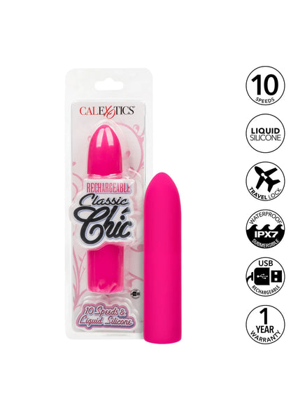 CalExotics oplaadbare Classic Chic mini-vibrator in felroze met 10 snelheden op kaart.