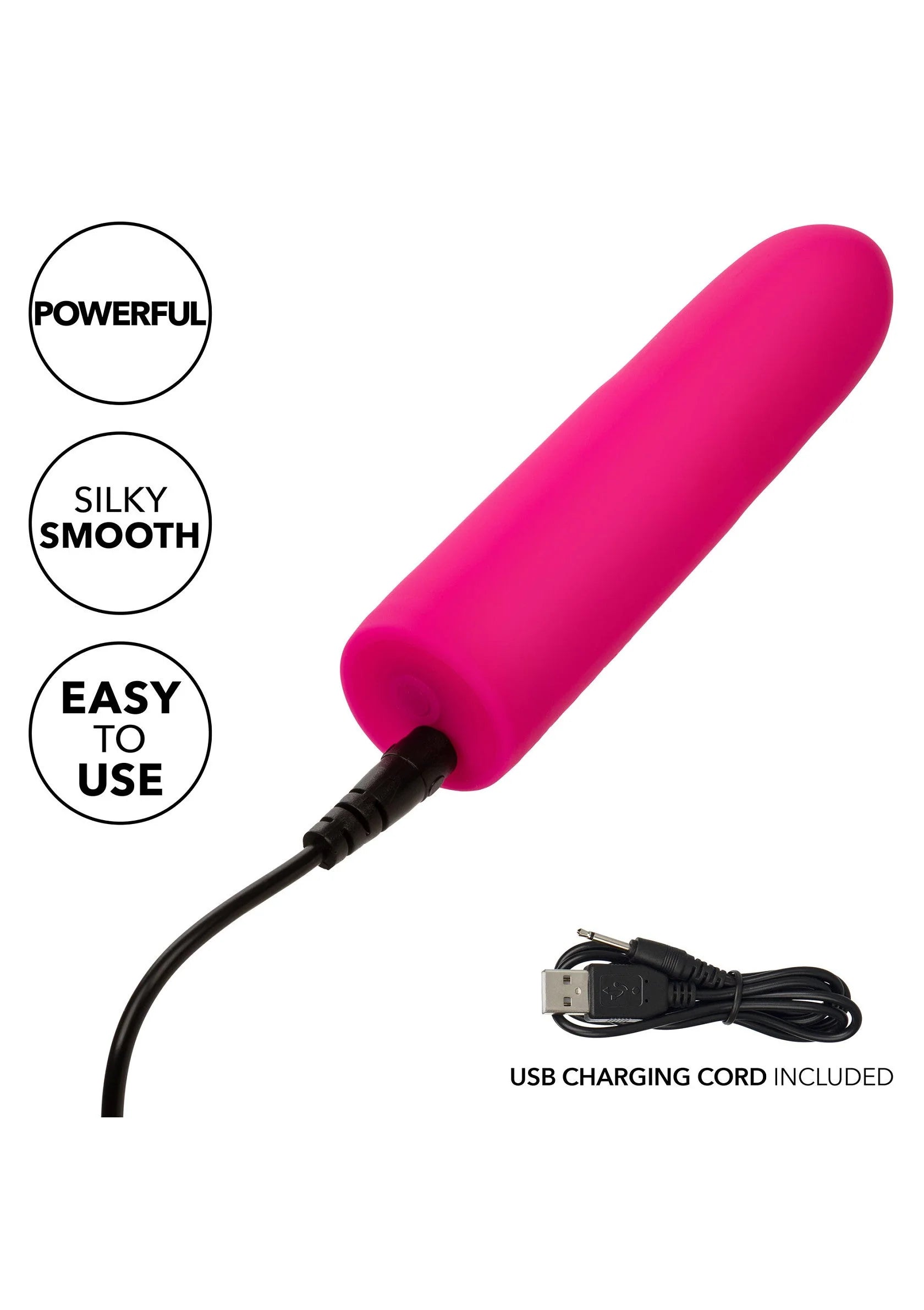 Felroze mini-vibrator met USB-oplaadkabel; afgeronde vorm, glad oppervlak.