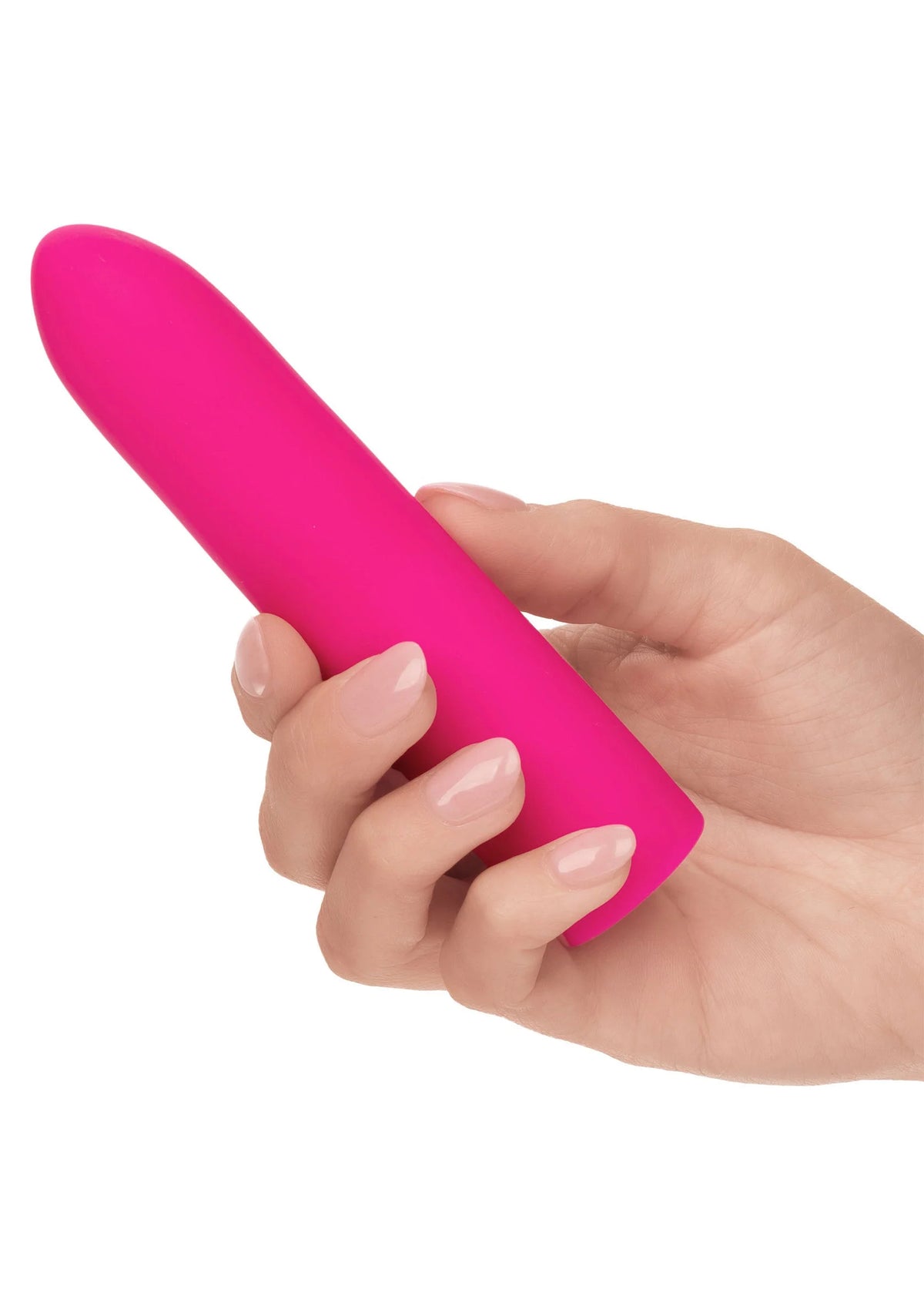 Felroze mini-vibrator in hand, afgerond uiteinde en gladde behuizing.