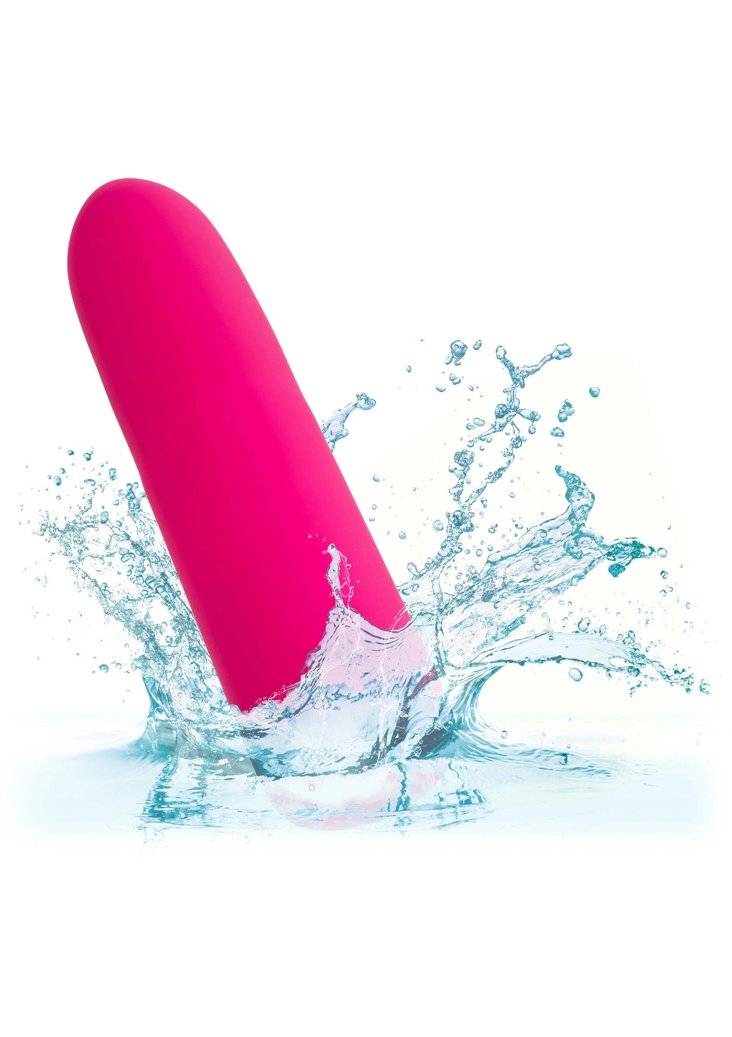 Felroze mini-vibrator met waterdruppels en spatwater rondom het apparaat.