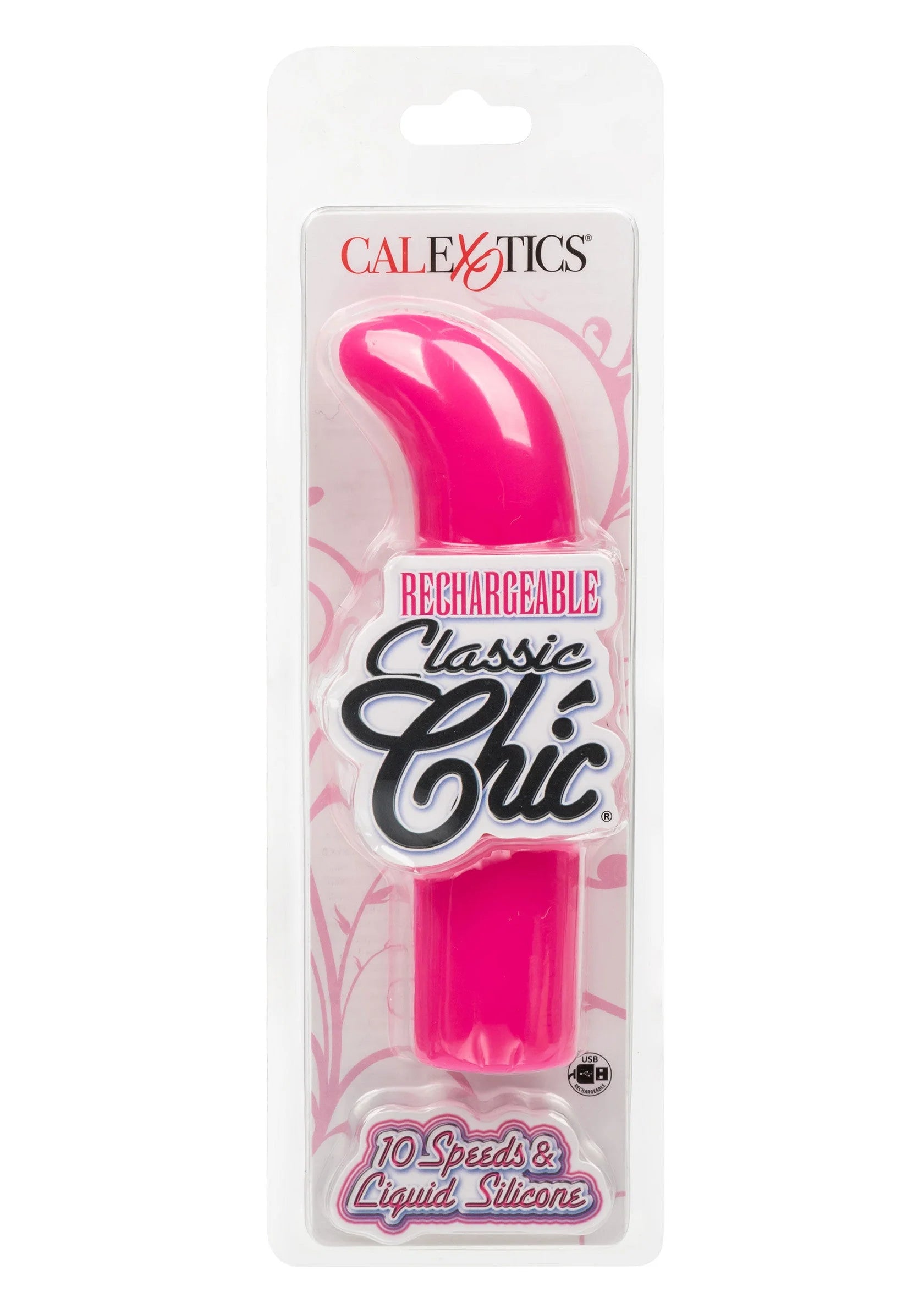 Verpakking van CalExotics Rechargeable Chic mini G met roze vibrator