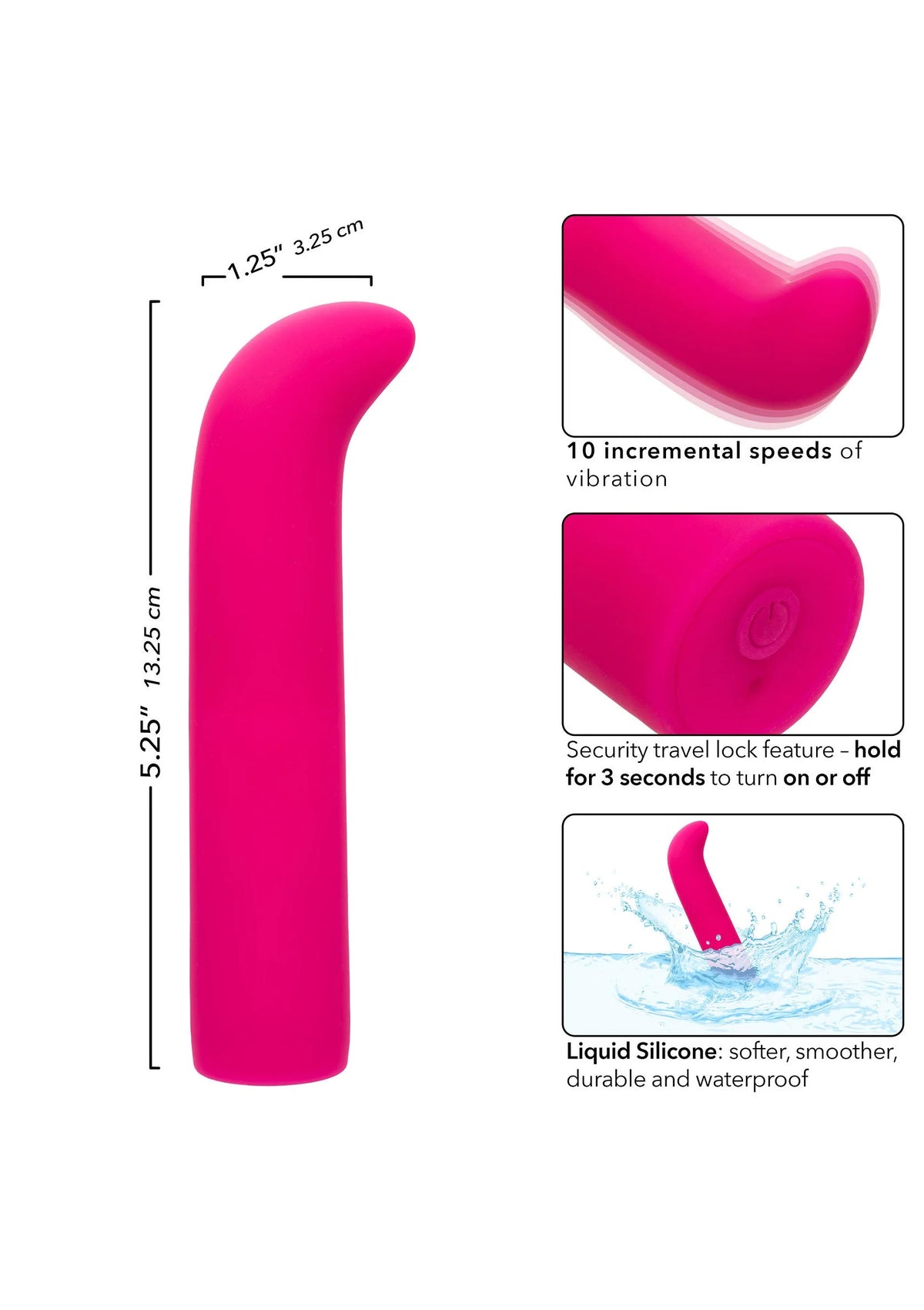 CalExotics mini G vibrator met afmetingen en functies, roze liquid silicone