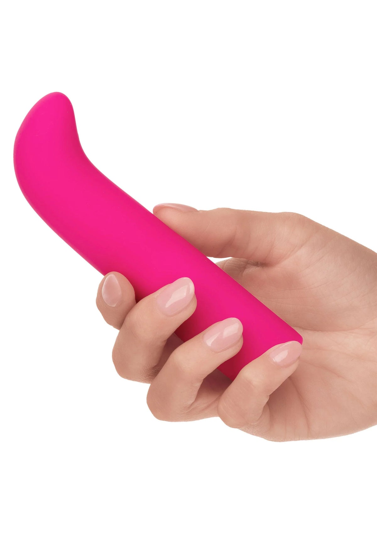 Roze CalExotics mini G vibrator vastgehouden, compacte gebogen vorm