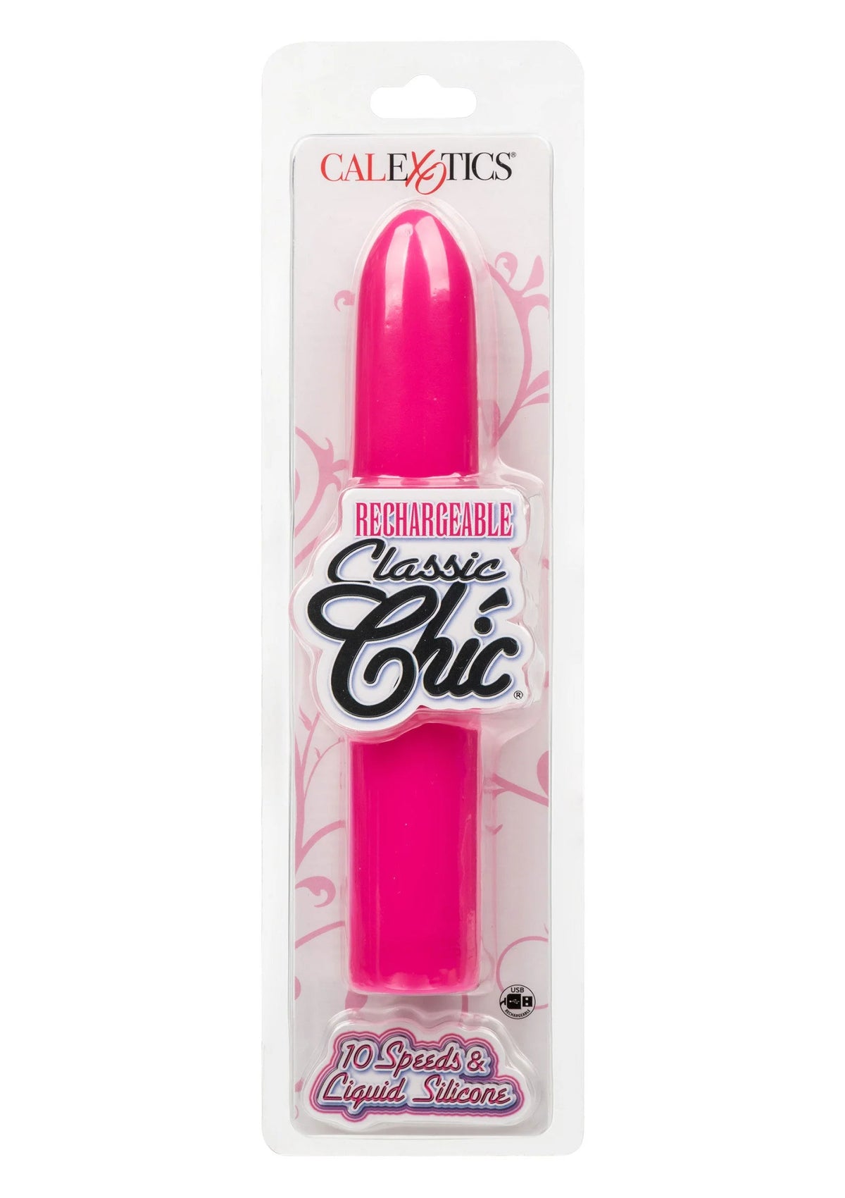 Verpakte CalExotics oplaadbare Classic Chic vibrator met roze cilinder