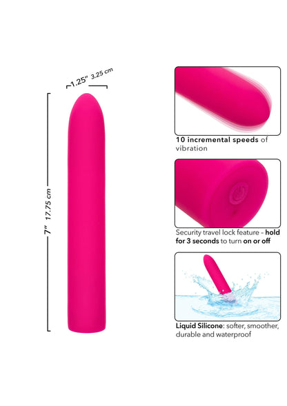 Roze oplaadbare vibrator met afmetingen; 7,1 cm lengte en gladde vorm