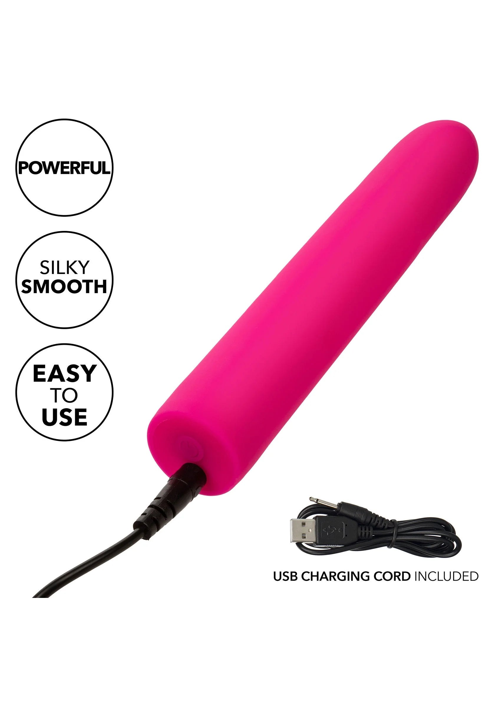 Roze vibrator met oplaadkabel; afgeronde punt en gladde siliconen behuizing