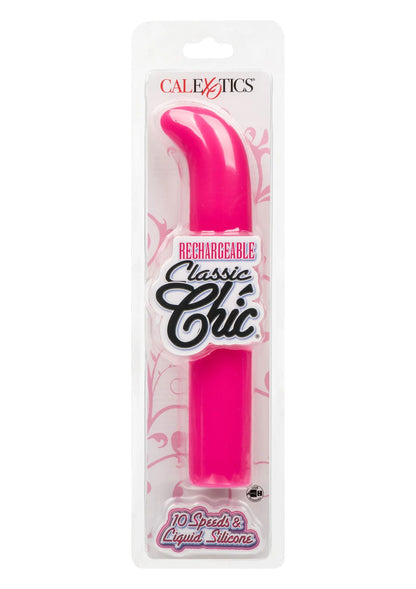 Verpakking van CalExotics rechargeable Classic Chic vibrator, roze vloeibare siliconen.