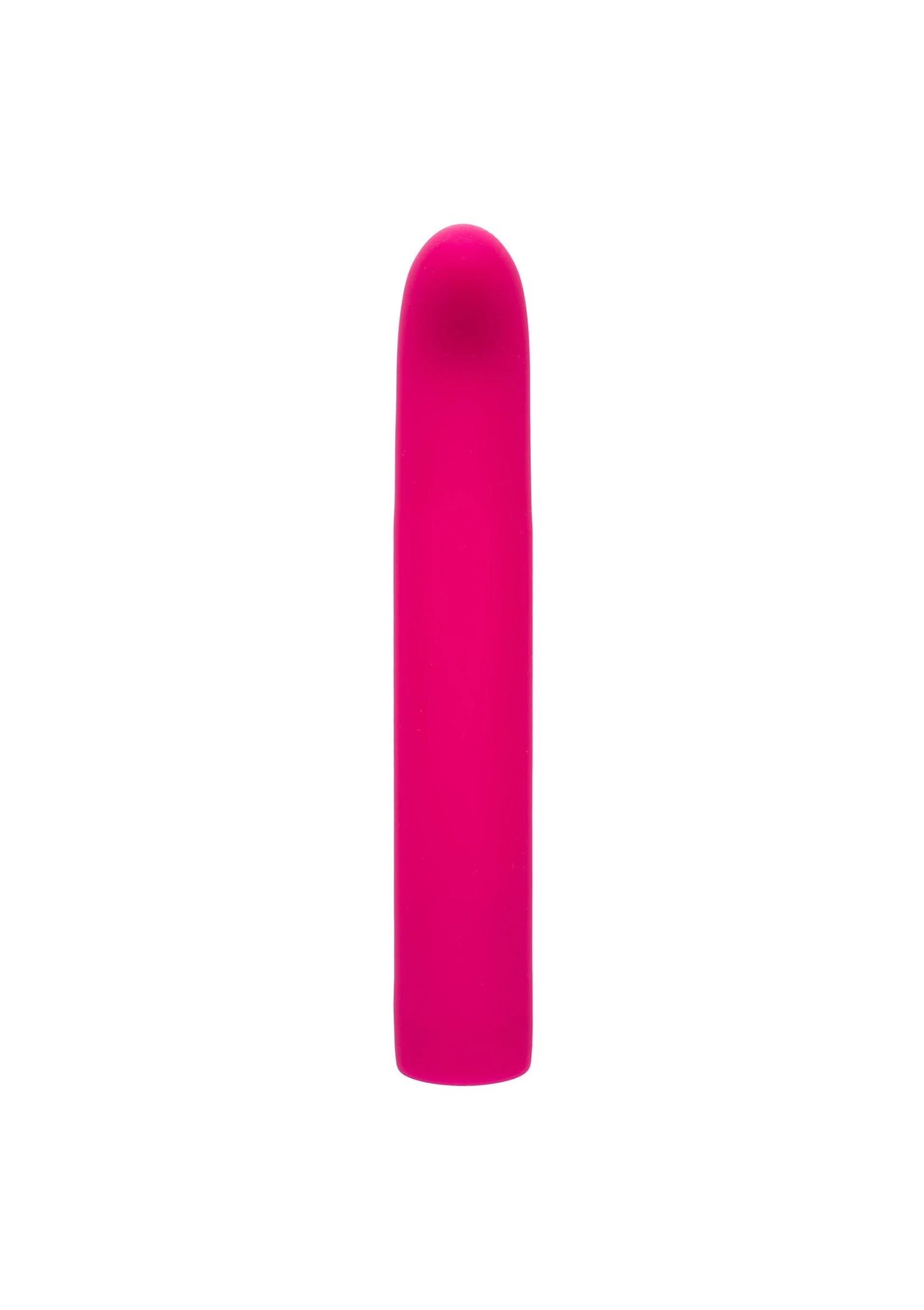 Roze, rechte vibrator met afgeronde top en voet van vloeibare siliconen.