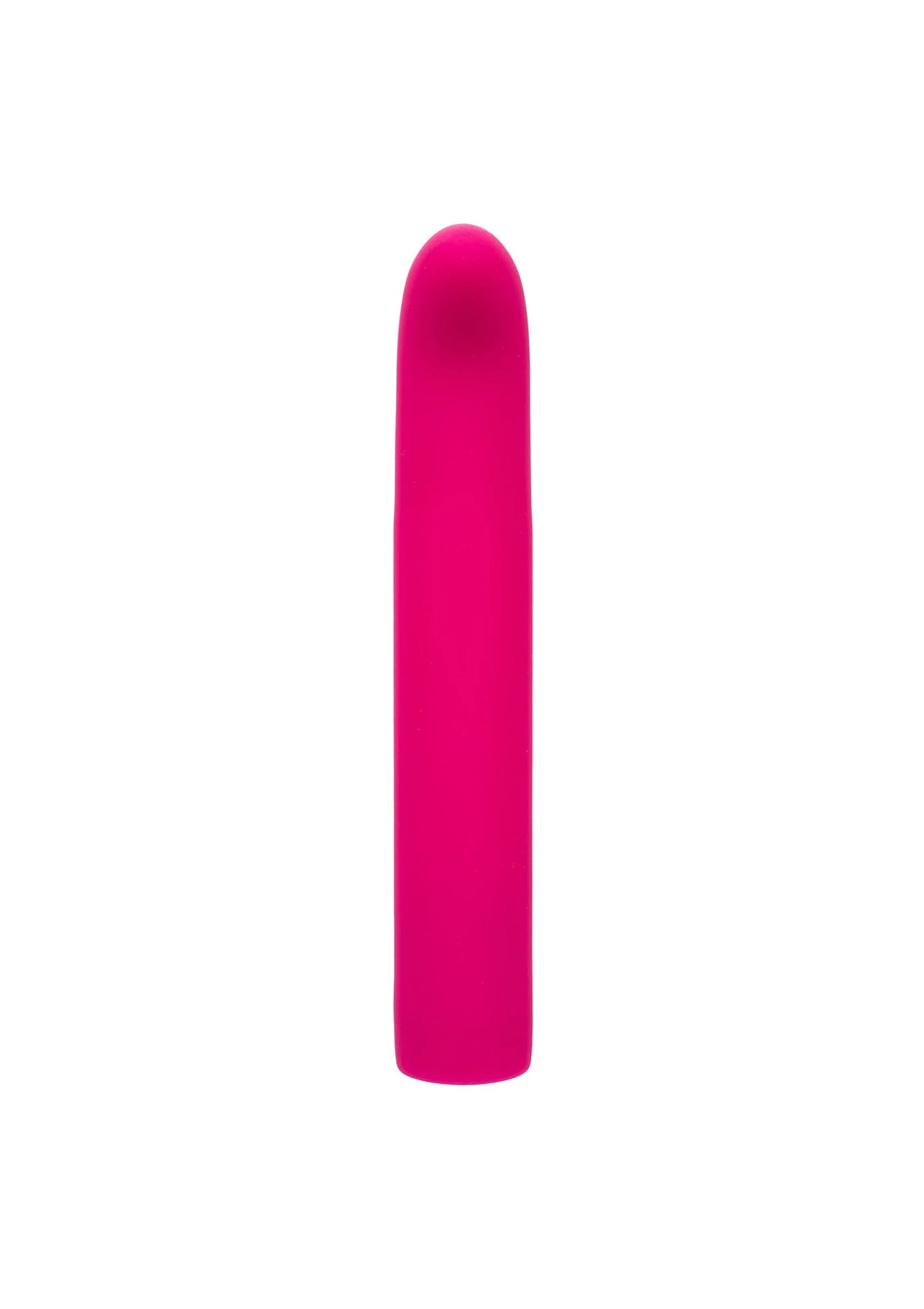 Roze, rechte vibrator met afgeronde top en voet van vloeibare siliconen.