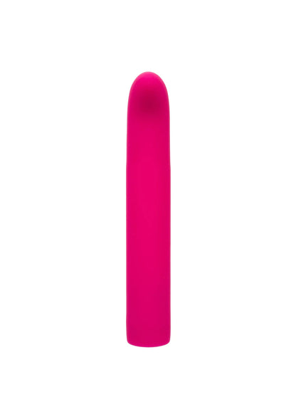Roze, rechte vibrator met afgeronde top en voet van vloeibare siliconen.