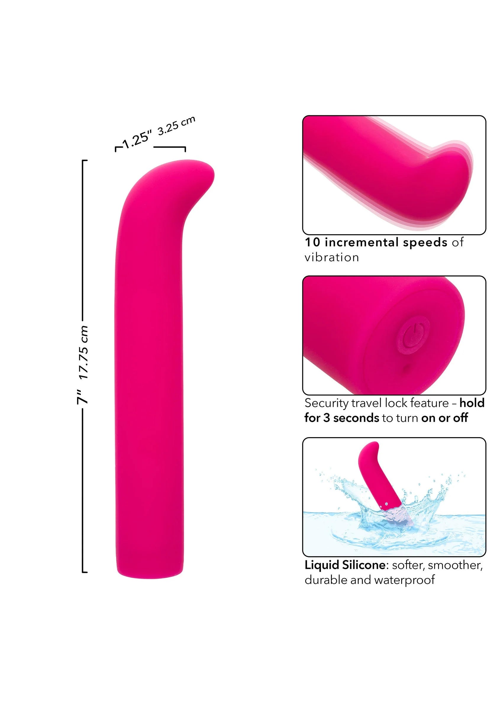 Roze vibrator met afmetingen, rechte handgreep en gebogen kop van vloeibare siliconen.