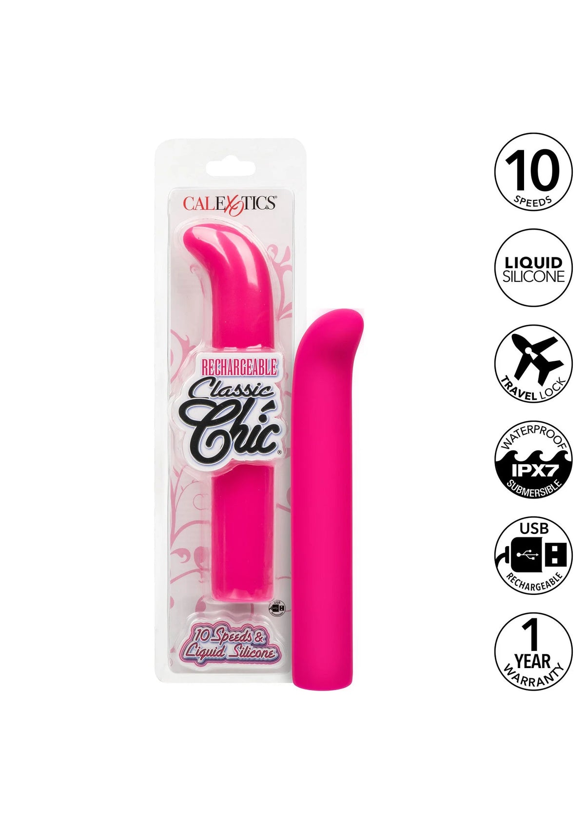 CalExotics verpakking met roze vibrator en specificaties: vloeibare siliconen, IPX7 en USB.