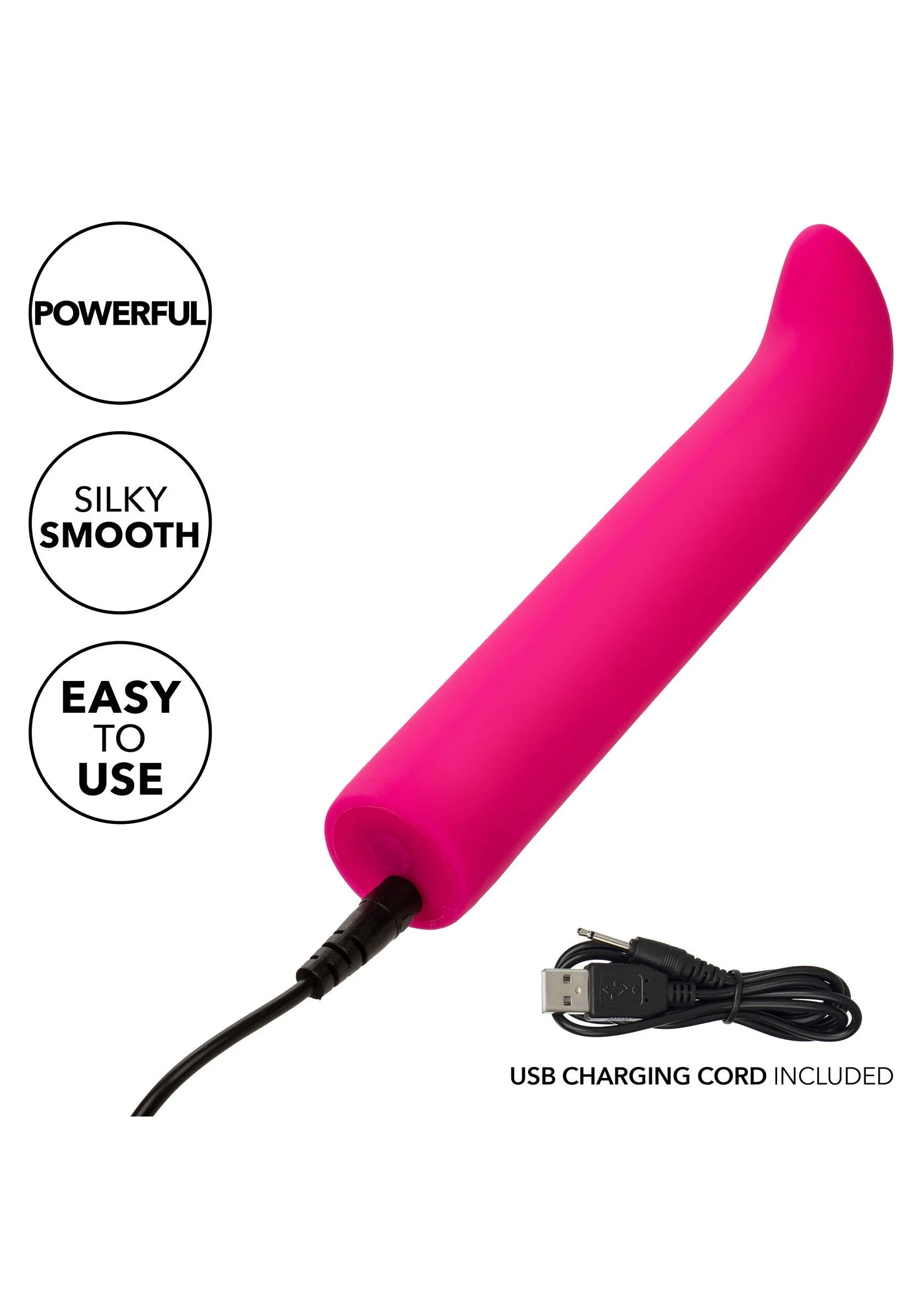 Roze gebogen vibrator met USB-oplaadkabel, zachte siliconen afwerking.