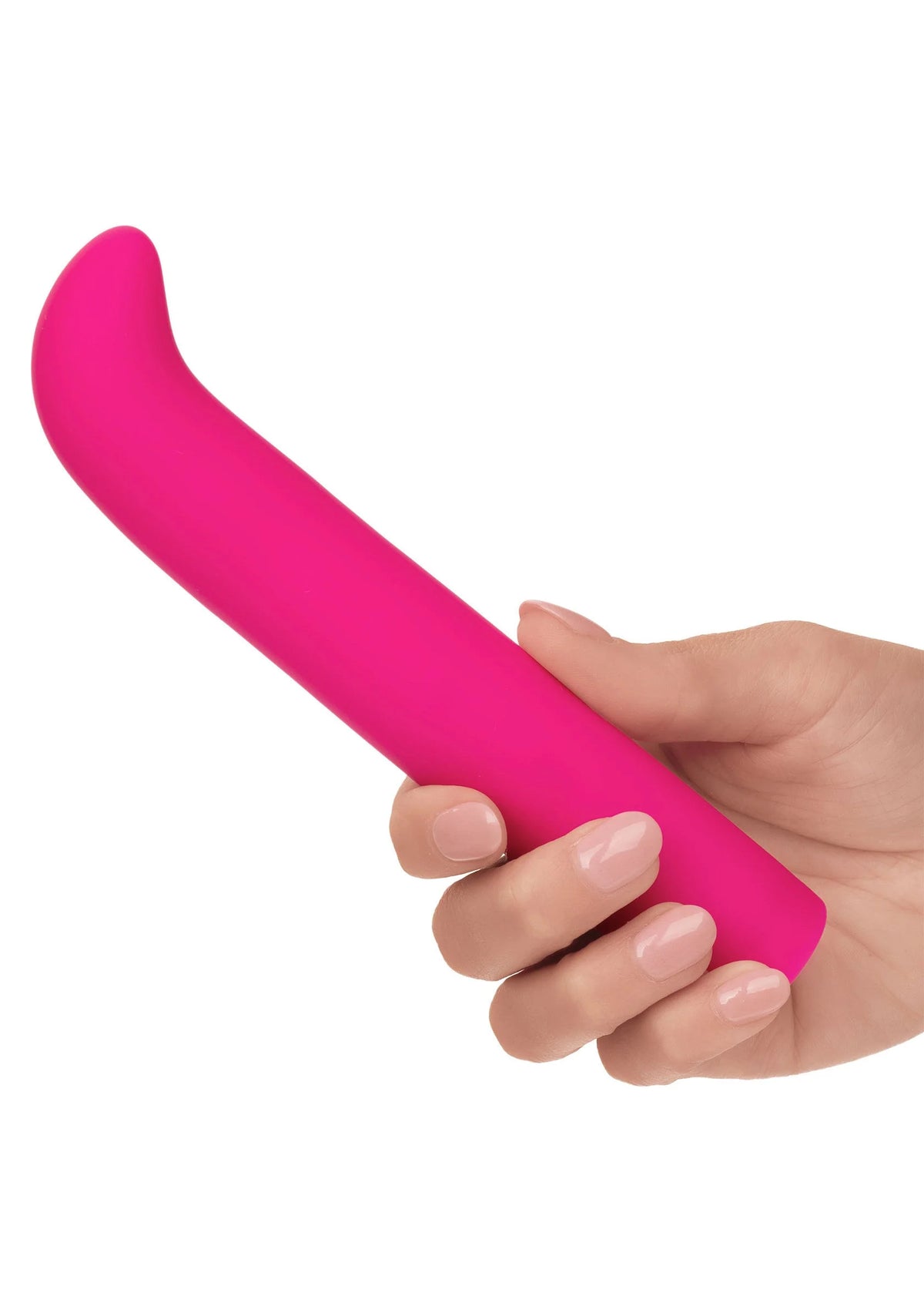 Roze vibrator met handgreep vastgehouden, gebogen kop en glad oppervlak.
