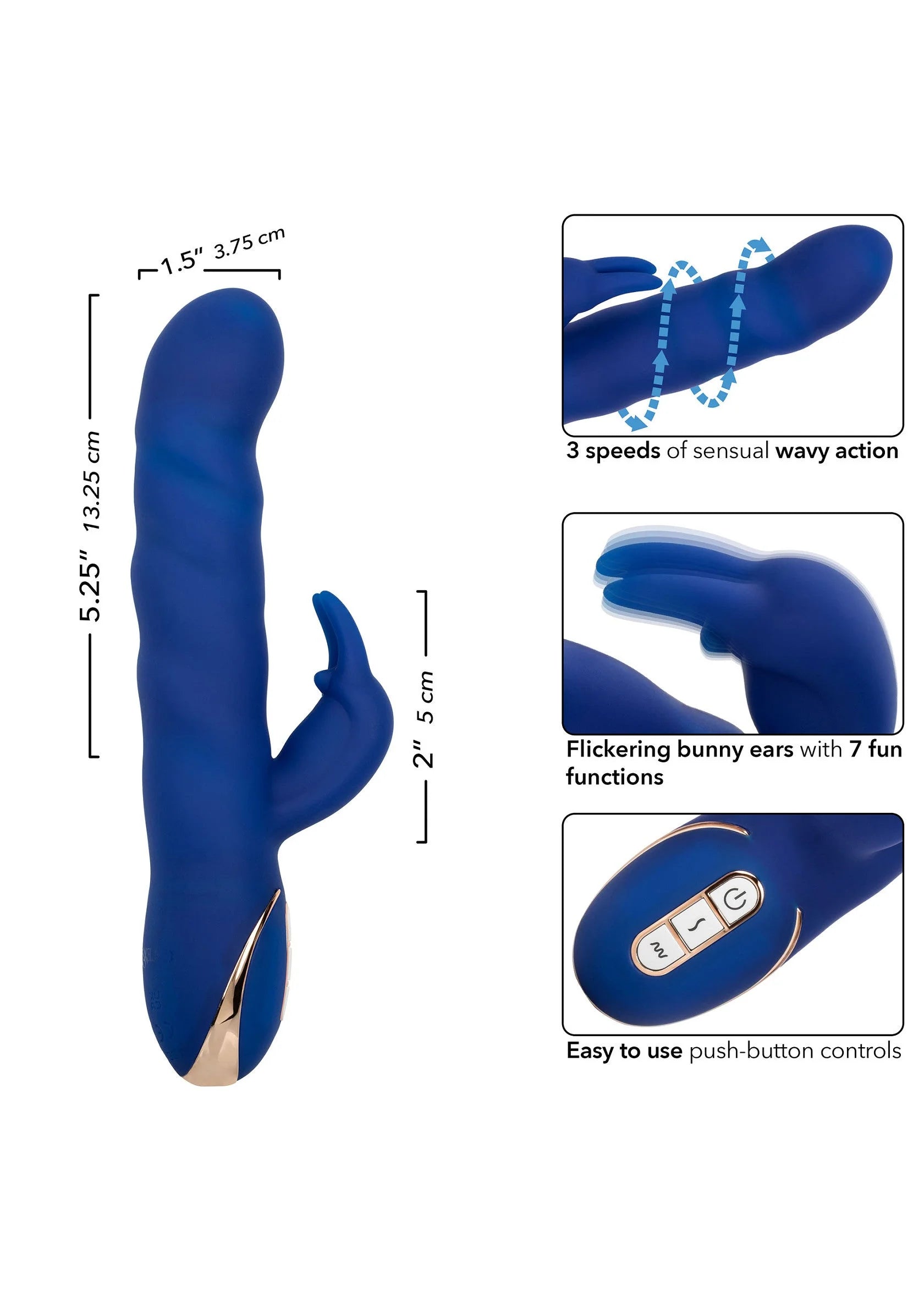 Verpakkingsdoos achterkant met afmetingen en functiepanelen voor siliconen konijnenvibrator
