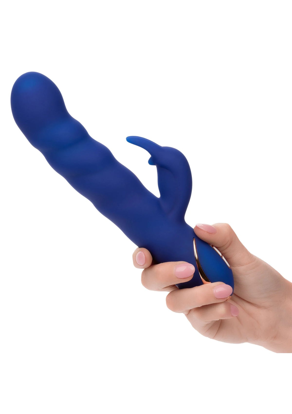 Siliconen konijnenvibrator in blauw, vastgehouden in de hand