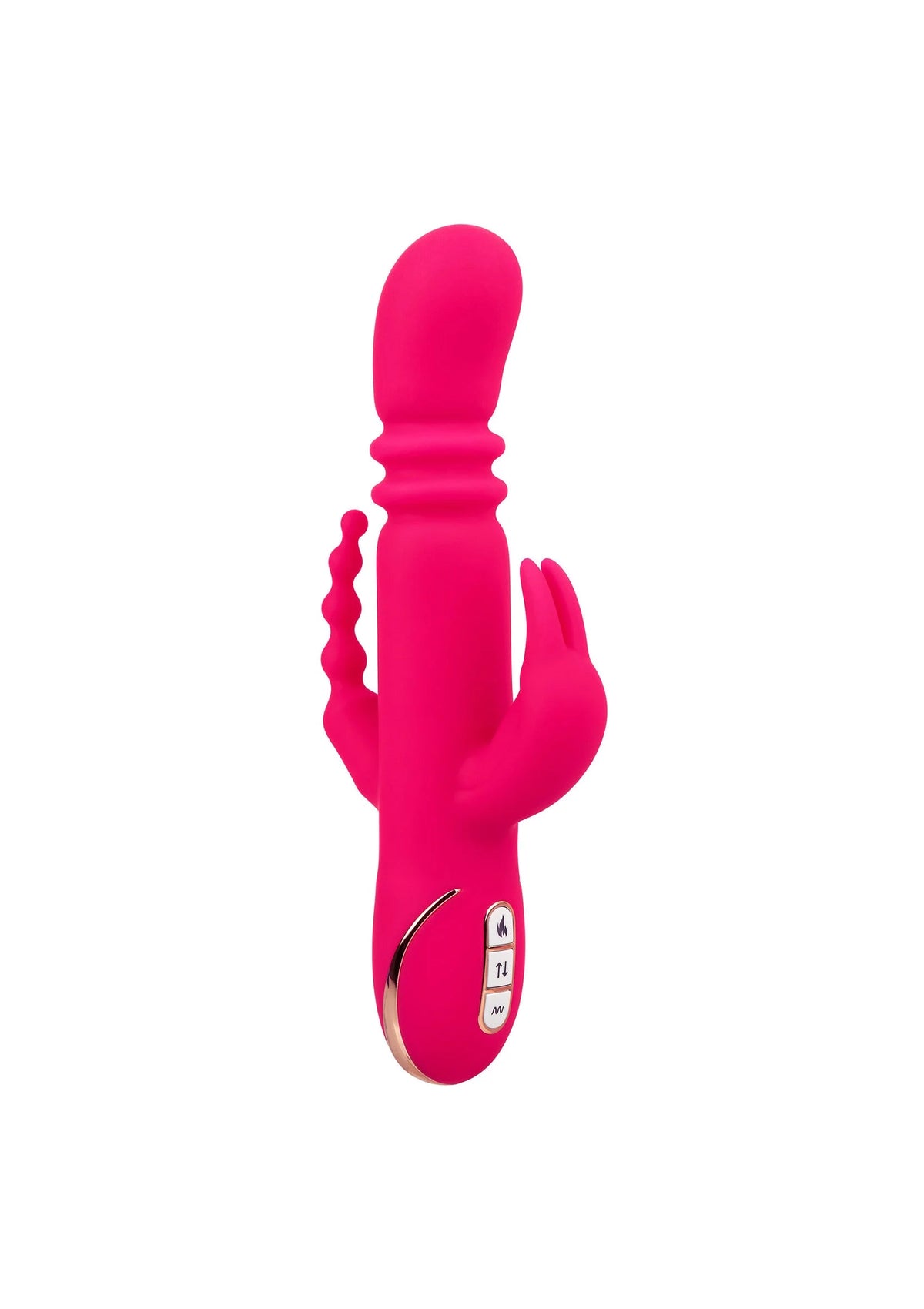 Verwarmde siliconen triple konijnenvibrator, felroze, met 3 tuiten en flexibele vorm.