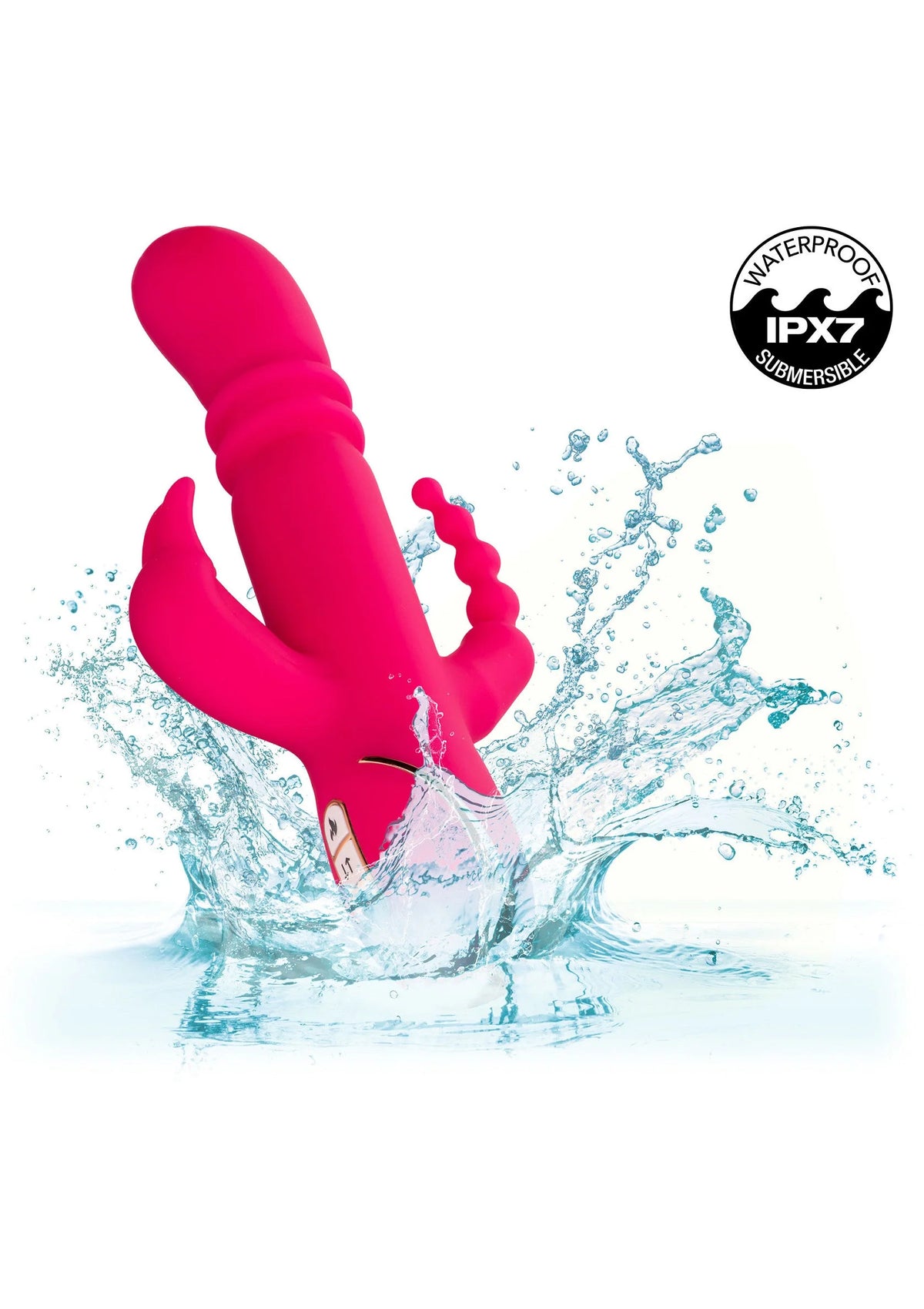 Verwarmde felroze siliconen triple konijnenvibrator met spatwater-effect en waterdicht.