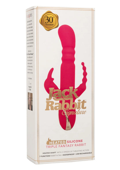 Verpakkingsdoos van verwarmde siliconen triple konijnenvibrator, felroze, CalExotics.