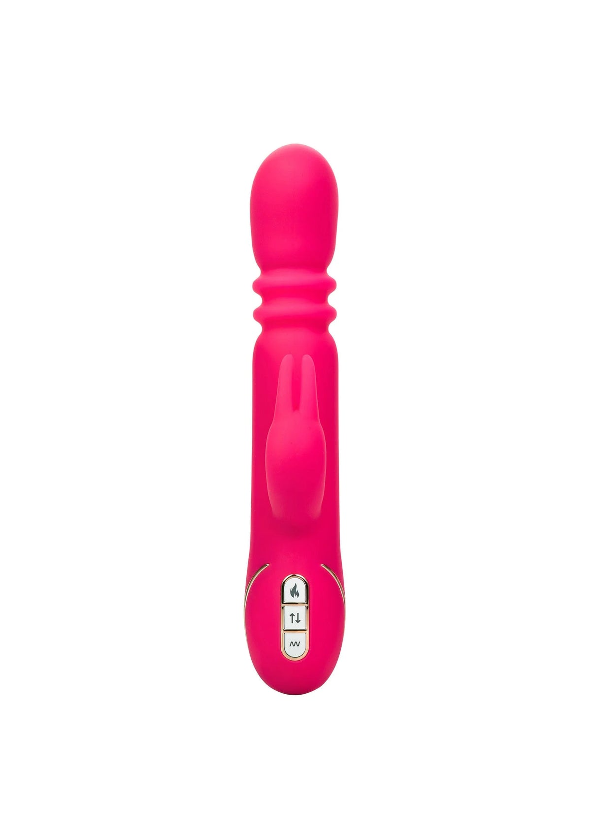 Verwarmde felroze siliconen triple konijnenvibrator zijaanzicht met bedieningsknoppen.