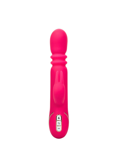 Verwarmde felroze siliconen triple konijnenvibrator zijaanzicht met bedieningsknoppen.