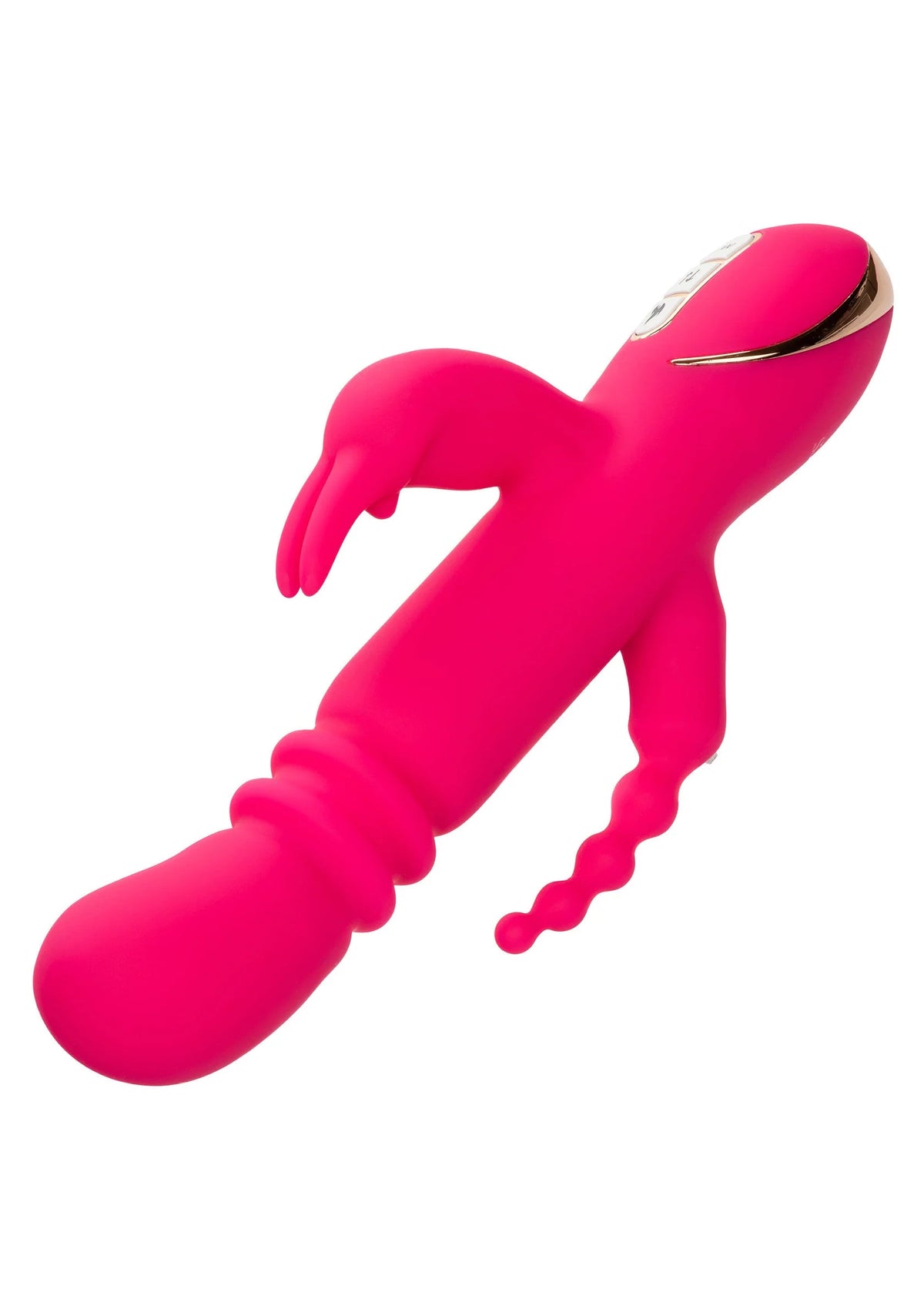 Verwarmde felroze siliconen triple konijnenvibrator, schuin zicht op tuiten en kop.