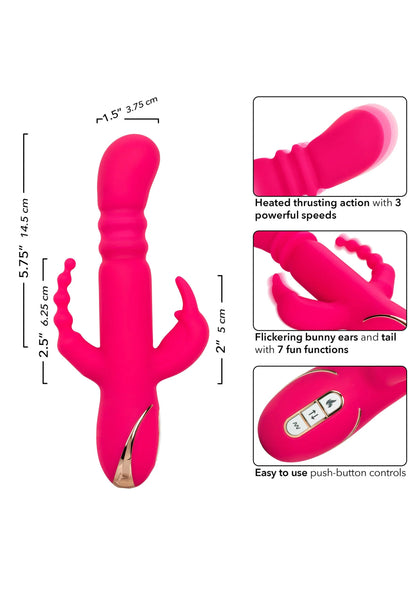 Verwarmde felroze siliconen triple konijnenvibrator met afmetingen en 3 functies.