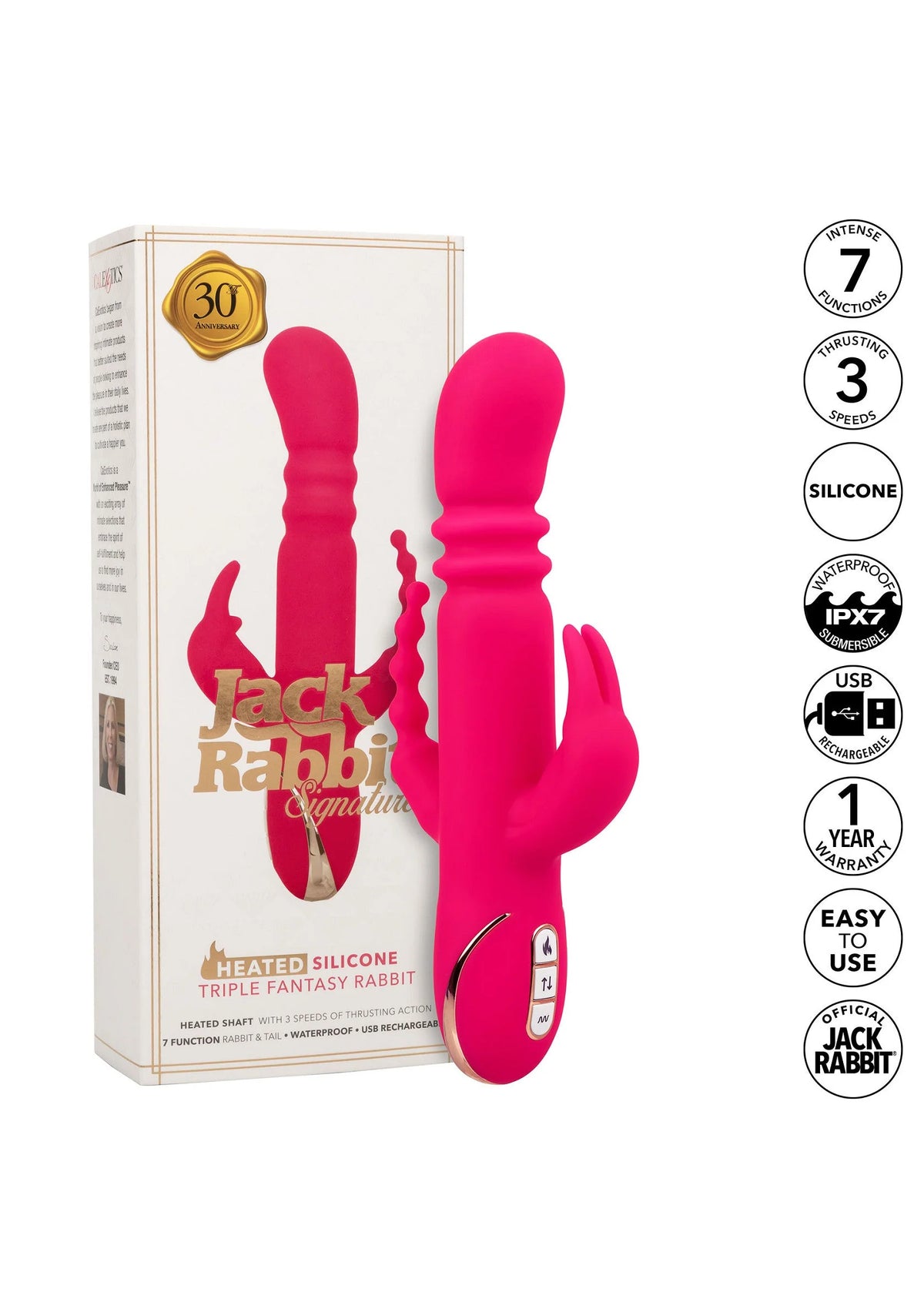 Verpakkingsset met felroze verwarmde siliconen triple konijnenvibrator, CalExotics, USB.