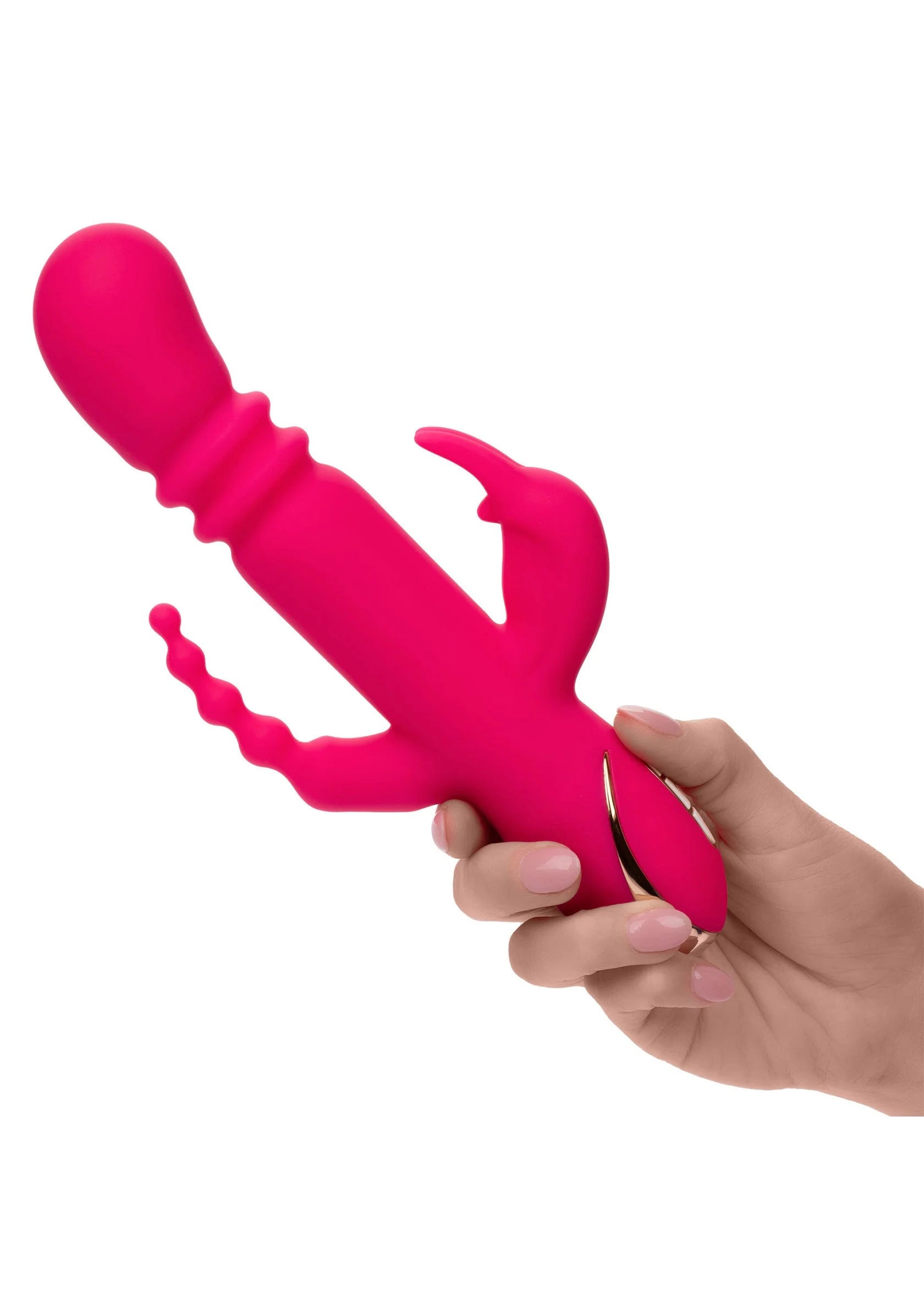 Verwarmde felroze siliconen triple konijnenvibrator in hand, met 3 tuiten.