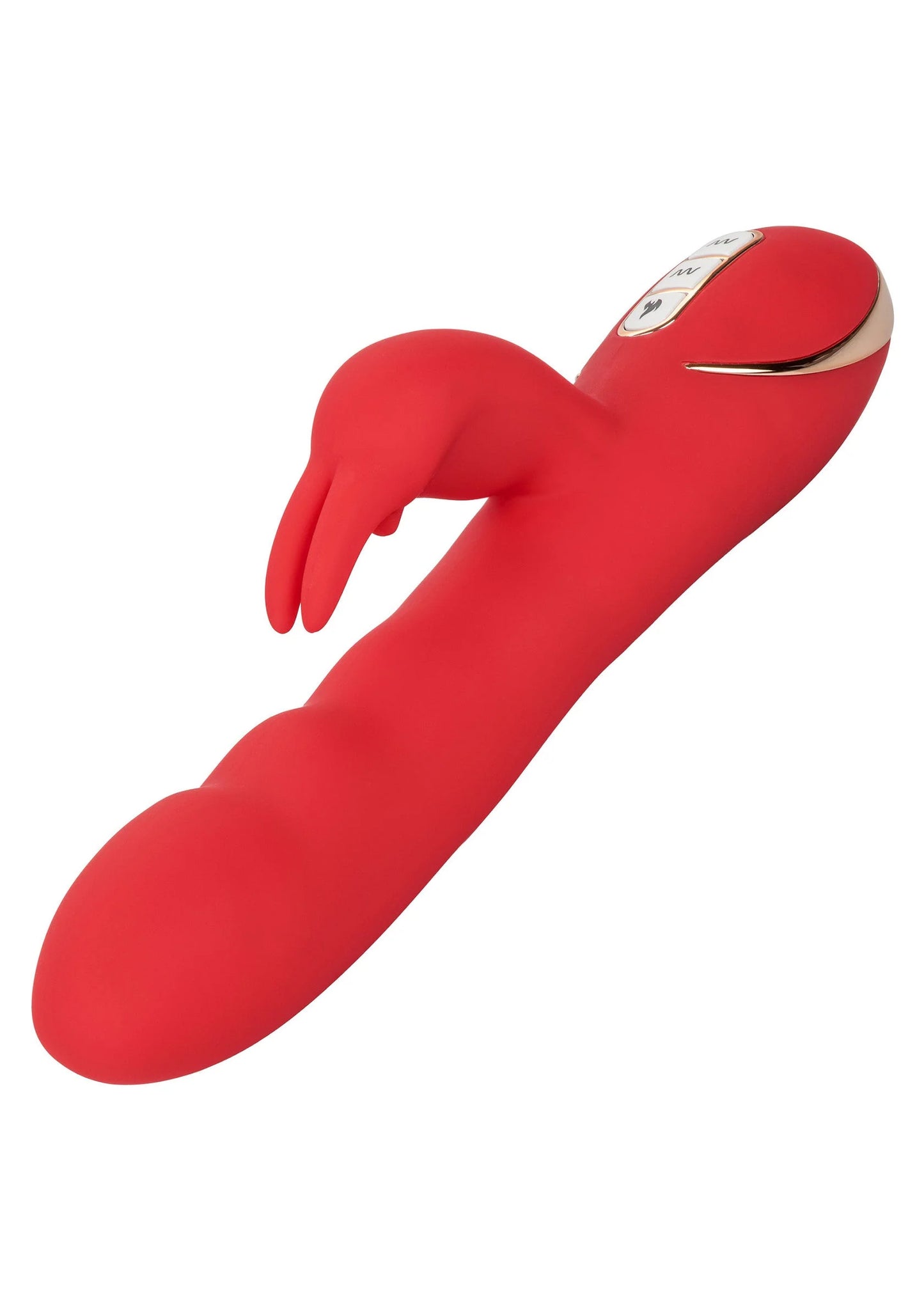 Rode verwarmde siliconen konijn-vibrator met buigzame staart en afgeronde kop.