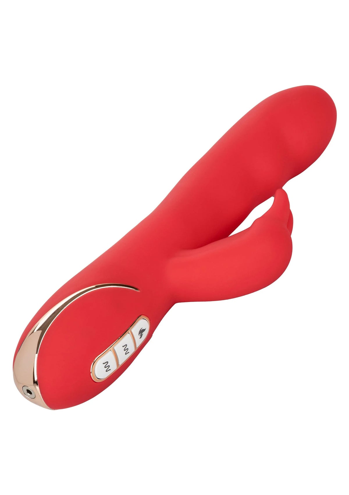 Verwarmde siliconen konijn-vibrator in rood met gladde vorm en ronde bedieningszone.
