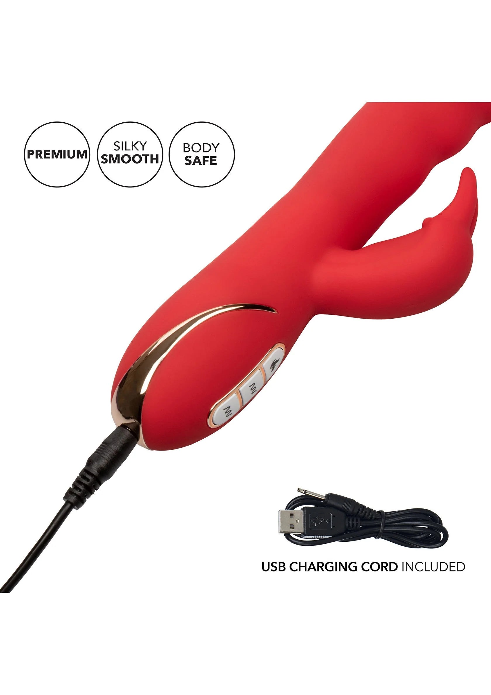 Rode verwarmde siliconen konijn-vibrator met bedrade USB-oplaadkabel en knoppen.