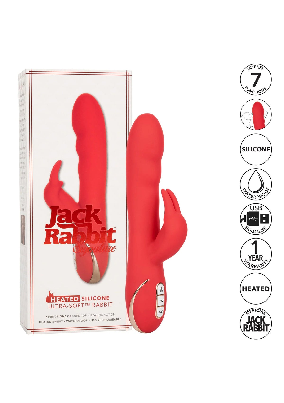 Rode verwarmde siliconen konijn-vibrator en doos met keurmerken en USB-symbool.
