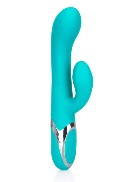 Turquoise gebogen vibrator met kleinere uitstulping en zilverkleurige bedieningsrand