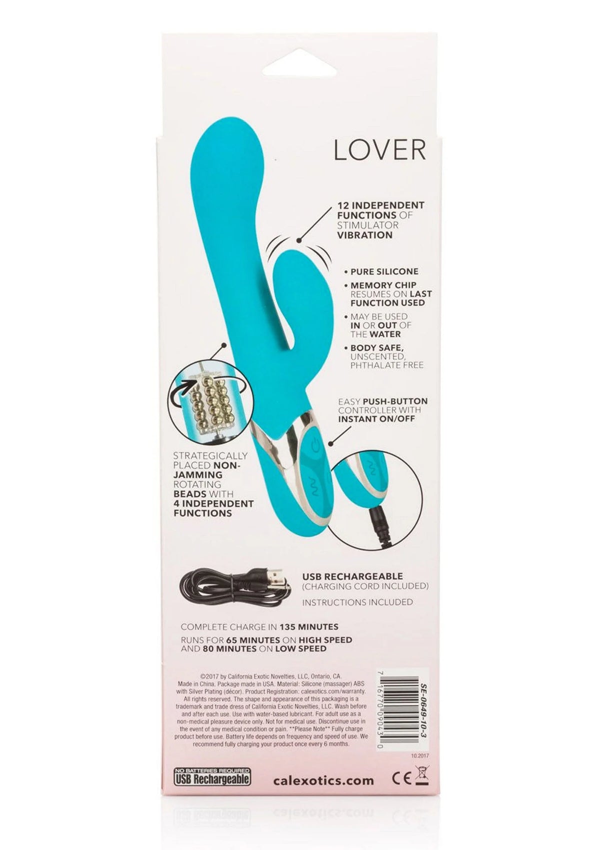 Verpakking CalExotics Lover vibrator met turquoise toestel en technische claims