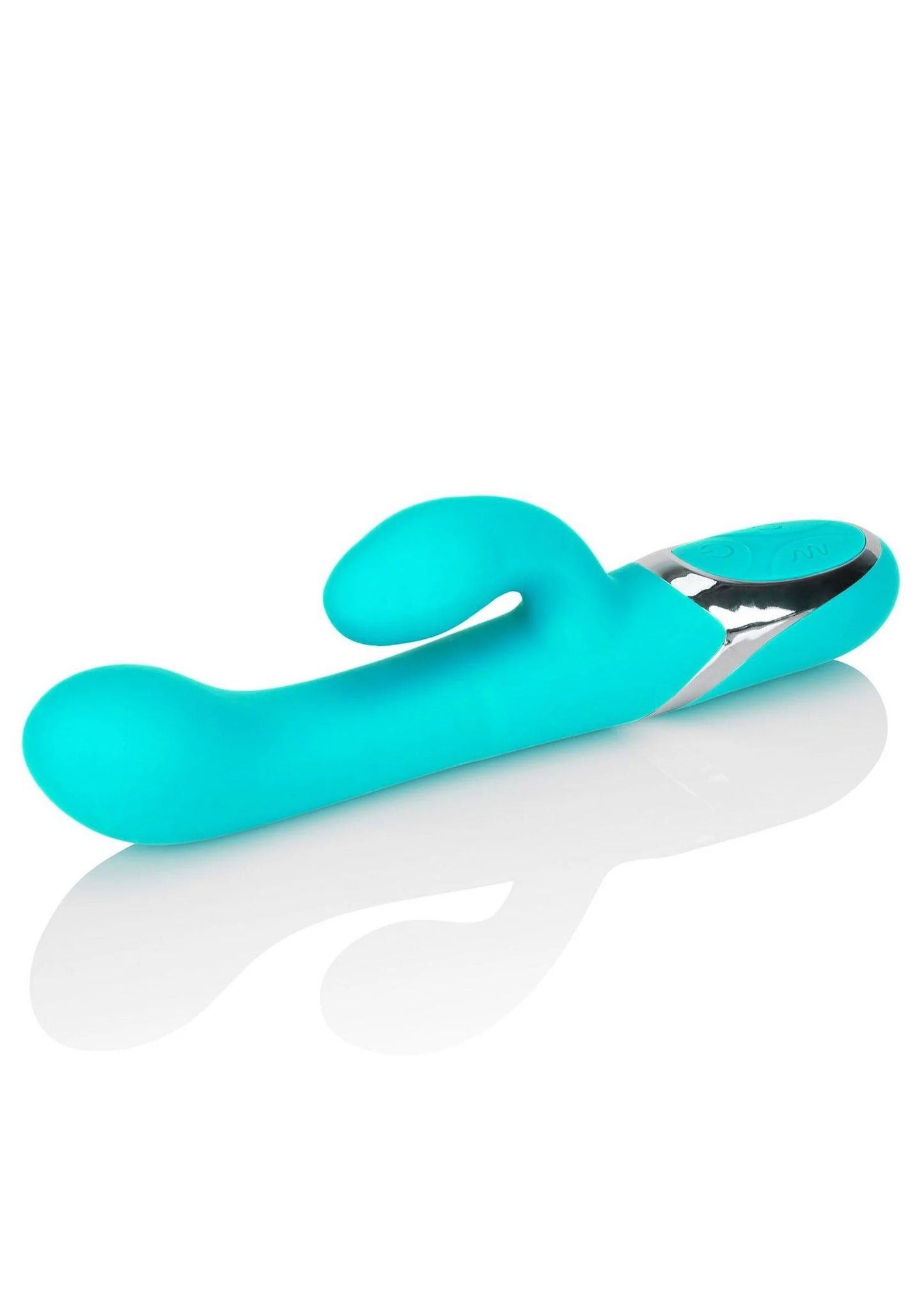 Turquoise vibrator met lange S-vorm, ronde uiteinden en zilveren accent