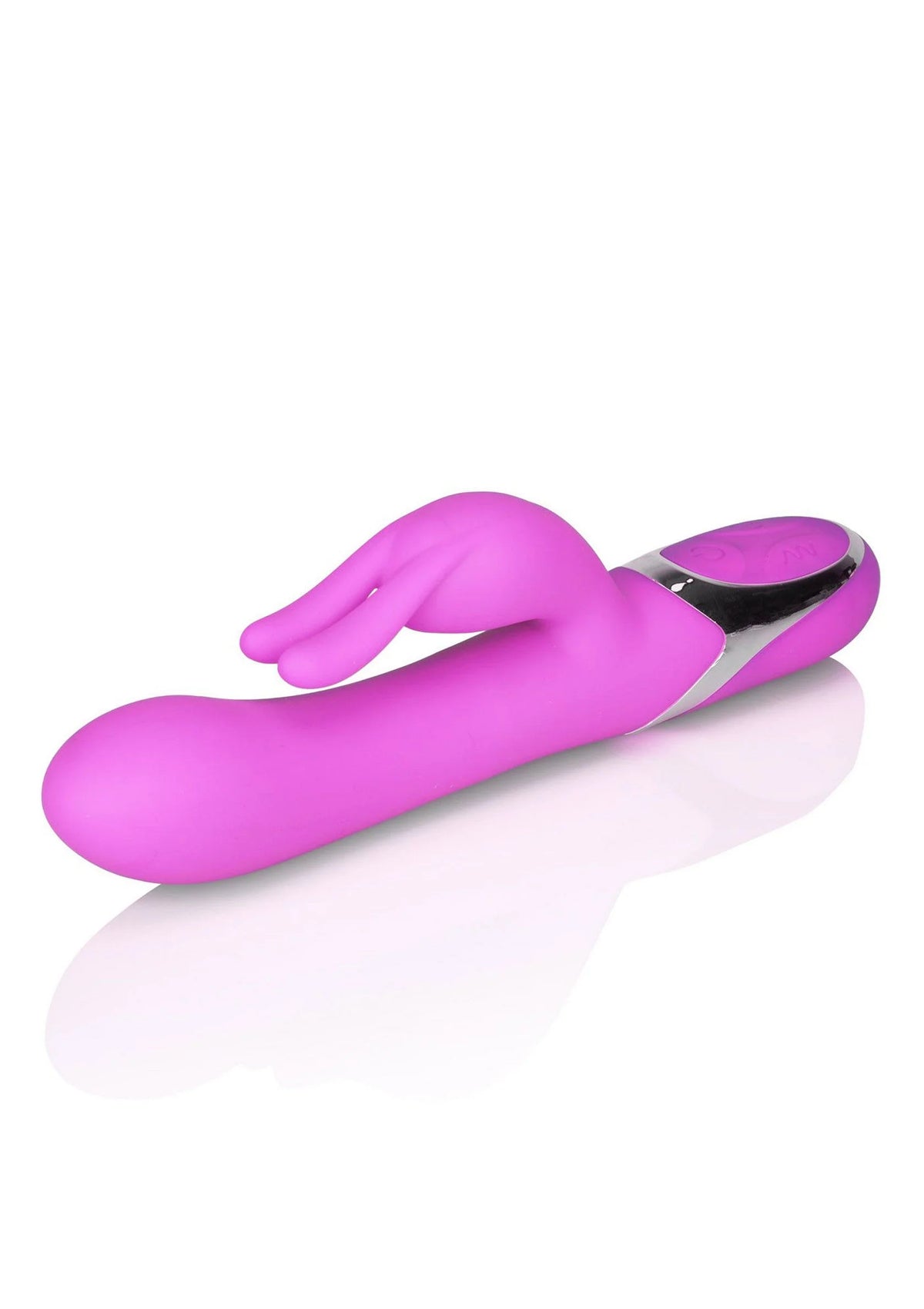 Roze konijnenvibrator liggend met zwarte kop en glanzend zilveren deel.