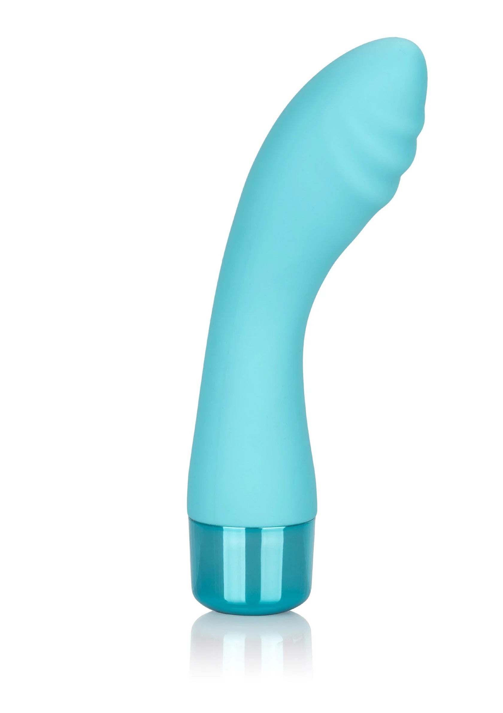 Turquoise g-spot vibrator frontale hoek met gebogen top en ribbelbodem