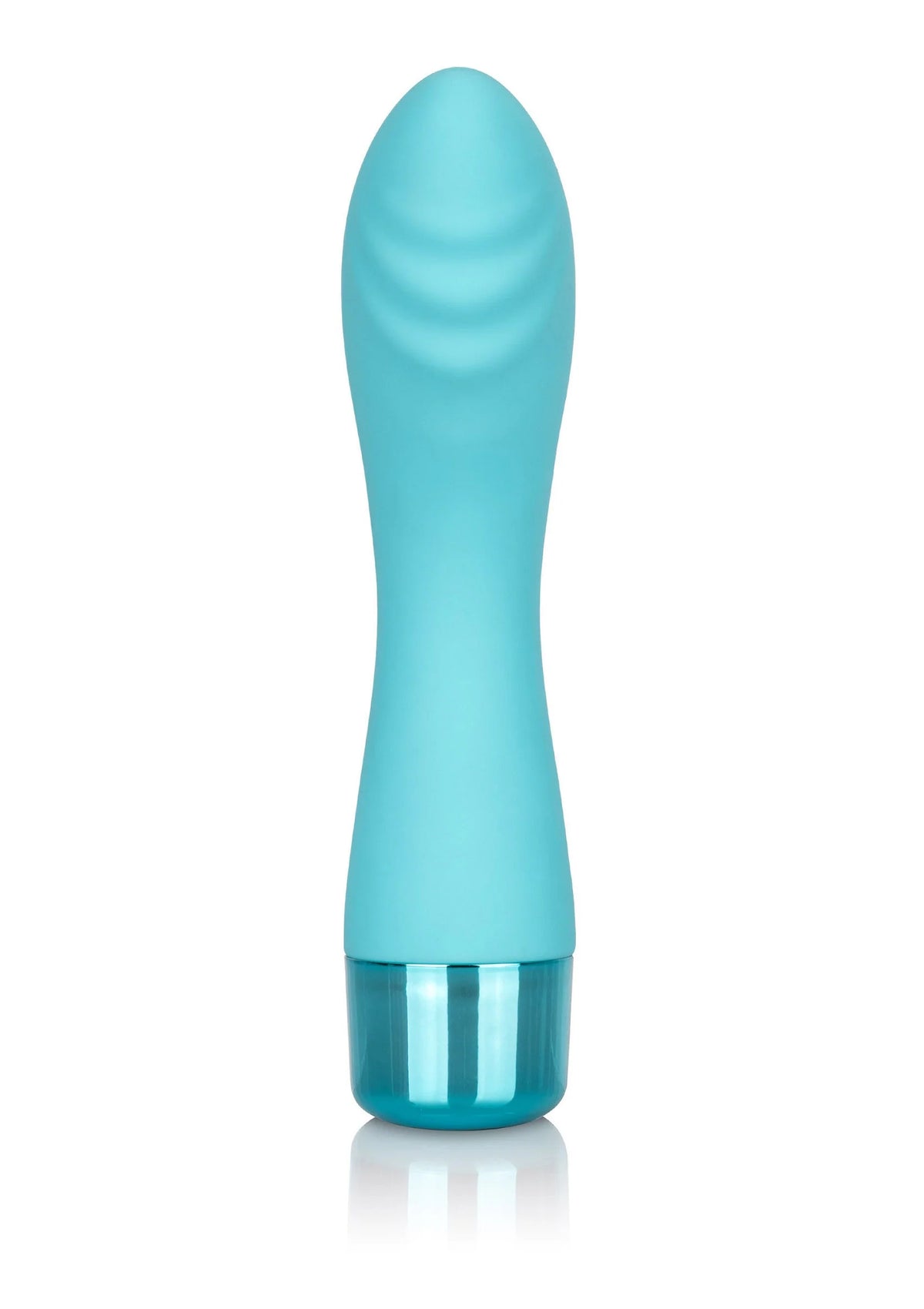 Turquoise g-spot vibrator van voren met gladde druppelvorm en glanzende voet