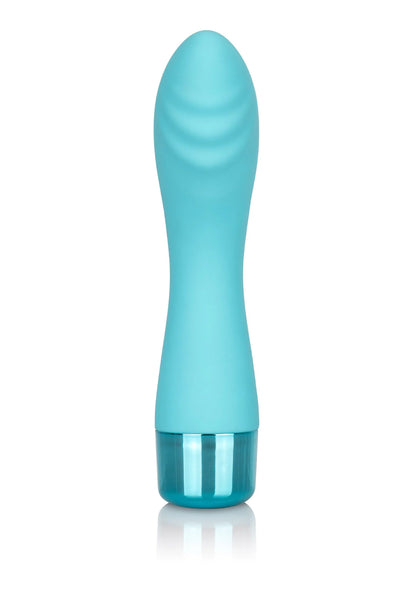 Turquoise g-spot vibrator van voren met gladde druppelvorm en glanzende voet