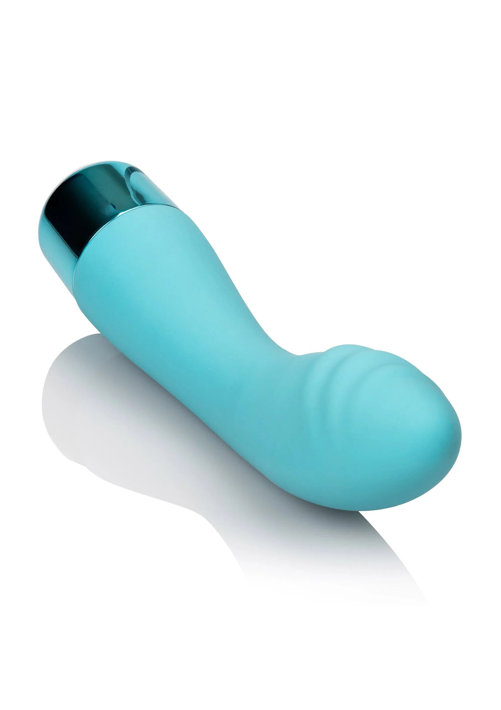 G-spot vibrator in turkooise gebogen vorm met brede basis en ronde top