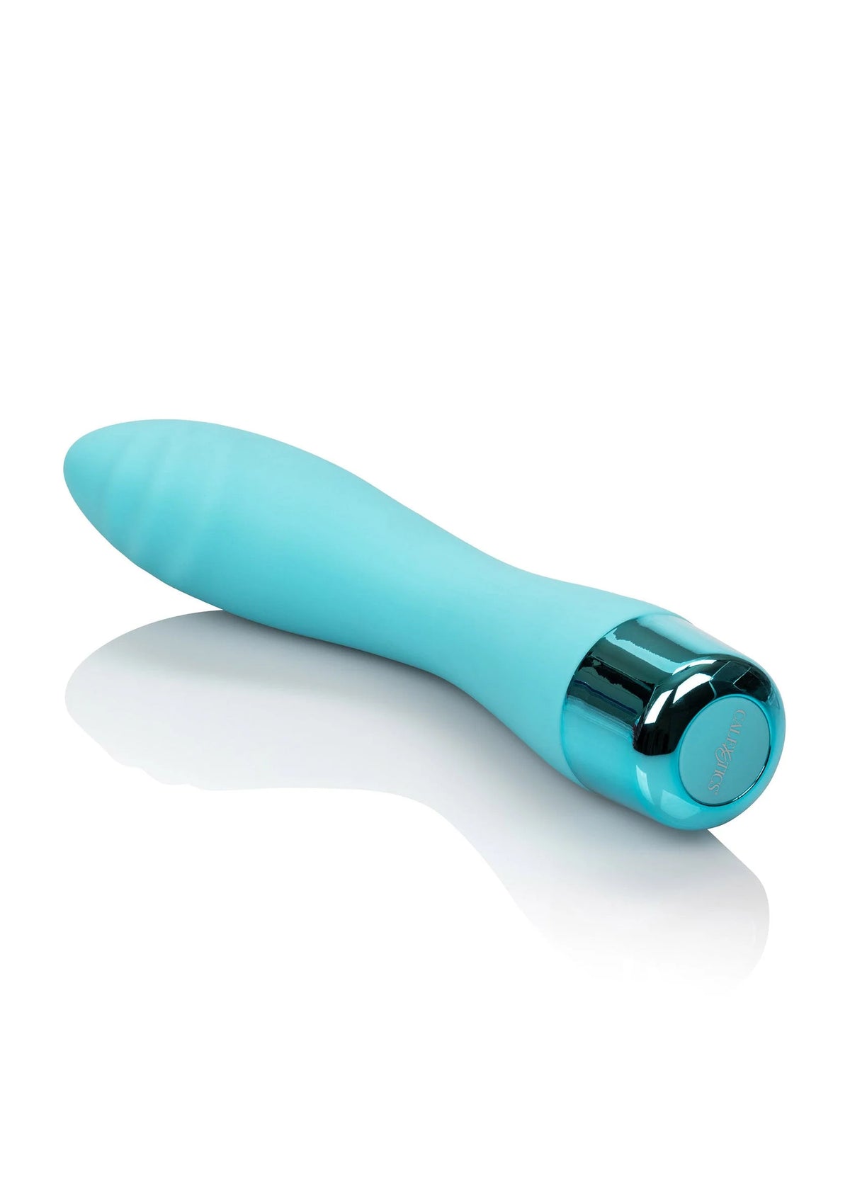 Turquoise g-spot vibrator in zijaanzicht met zwarte uiteinde en ronde knop