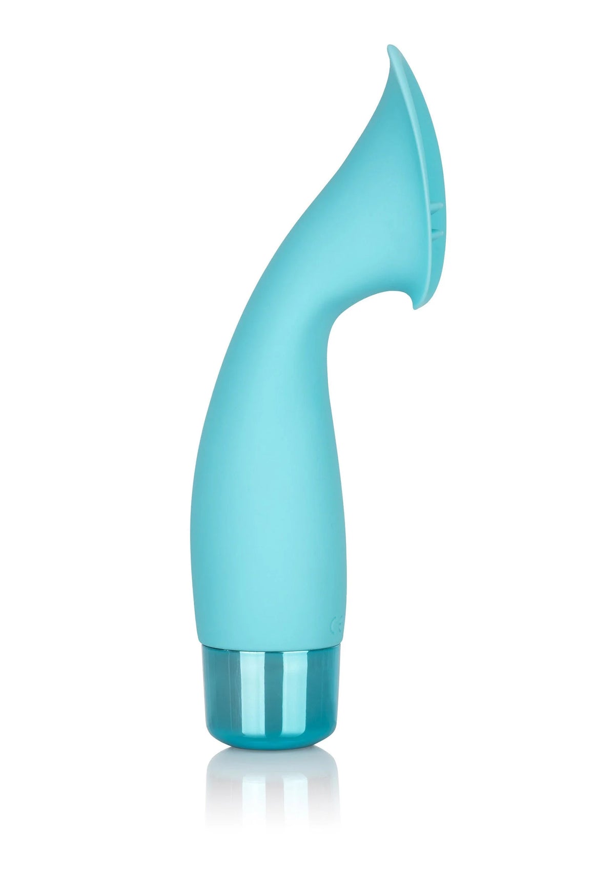 Lichtblauwe clitorisstimulator met gebogen vorm en brede top, staand op basis.