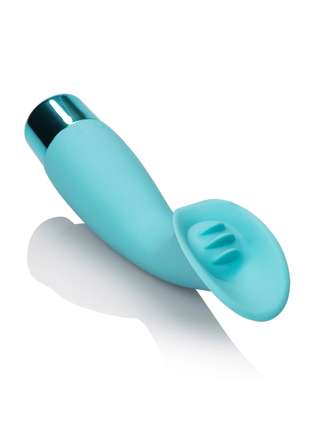 Lichtblauwe clitorisstimulator met ovale kop met nopjes en glanzend detail aan zijkant.