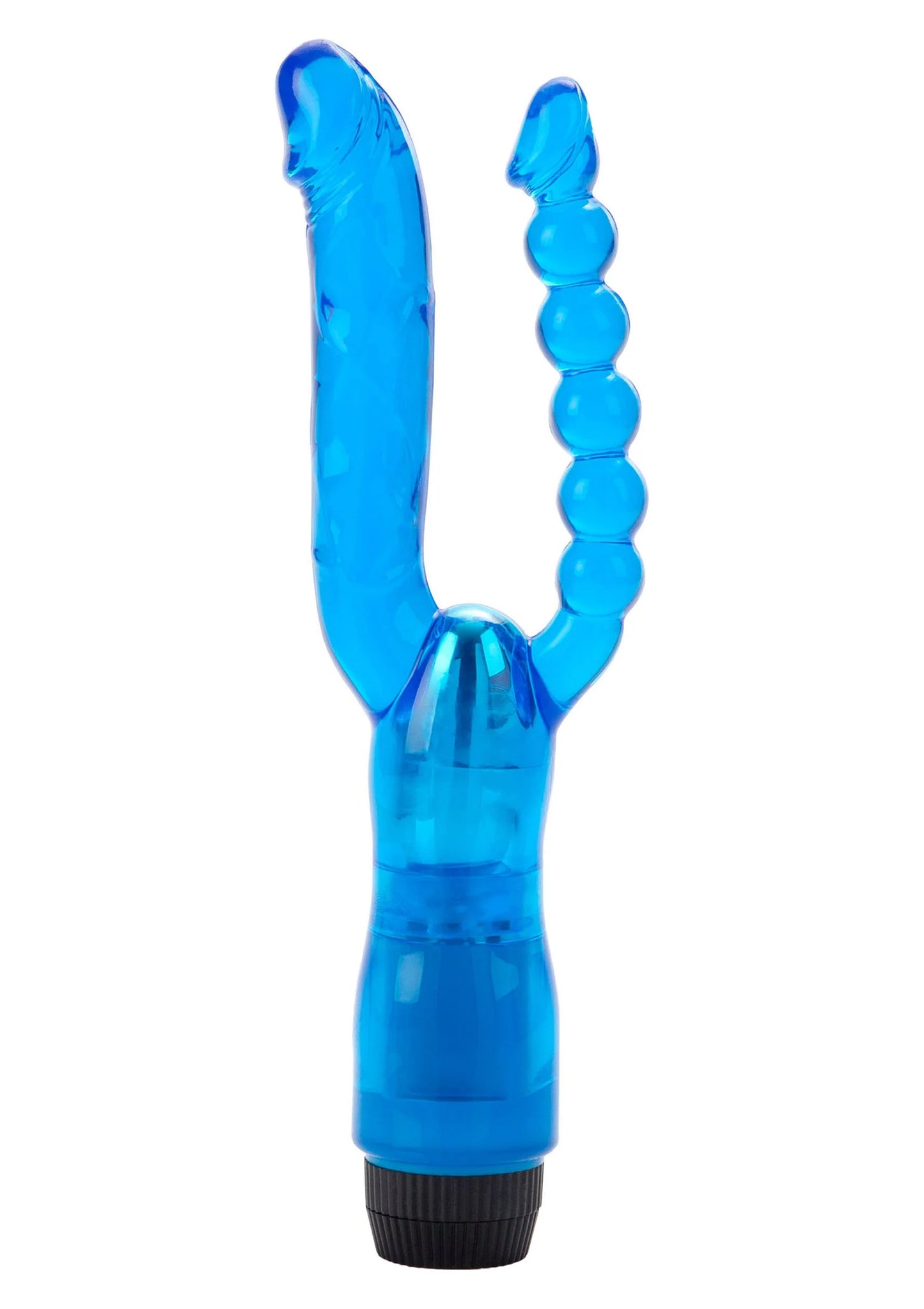 Blauwe CalExotics dubbele penetratievibrator met brede U-vorm en rijen bollen