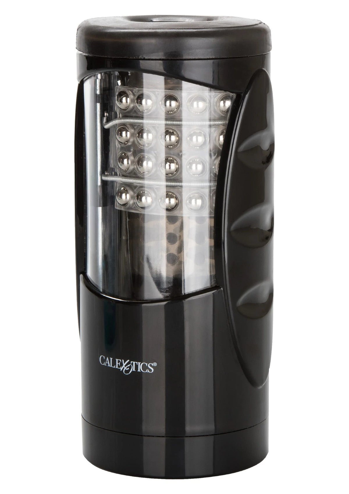 Zwarte CalExotics masturbatorstroker met transparante kop en led-lampjes